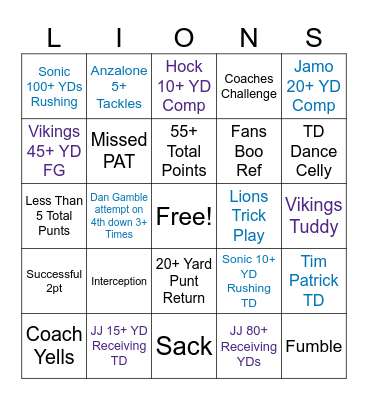 Lions Football Bingo Card