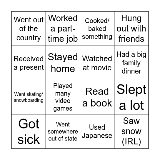 ふゆ休みビンゴ Bingo Card