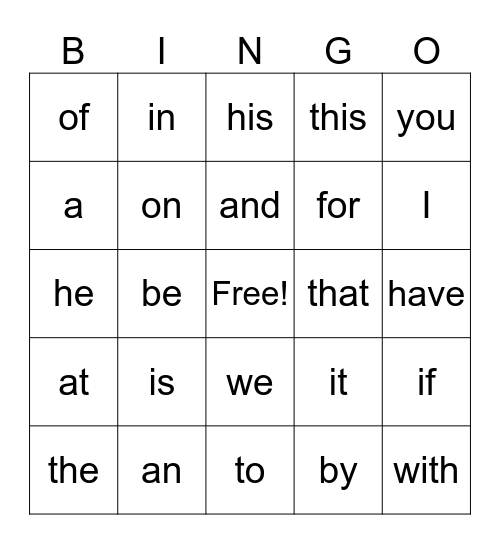 Sight Word BINGO Card