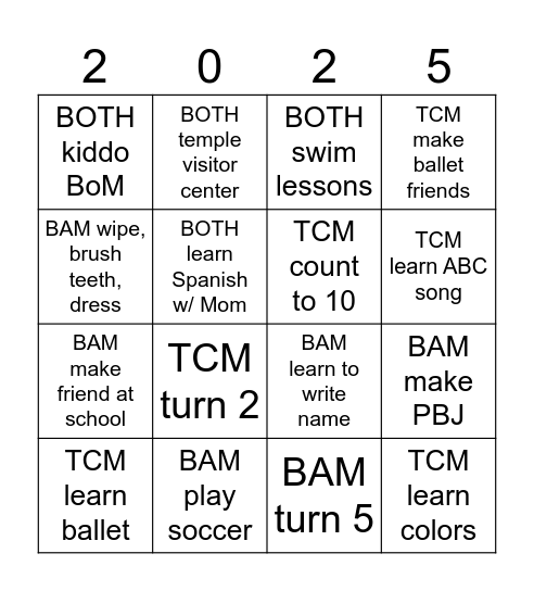 Kiddo's BINGO Card