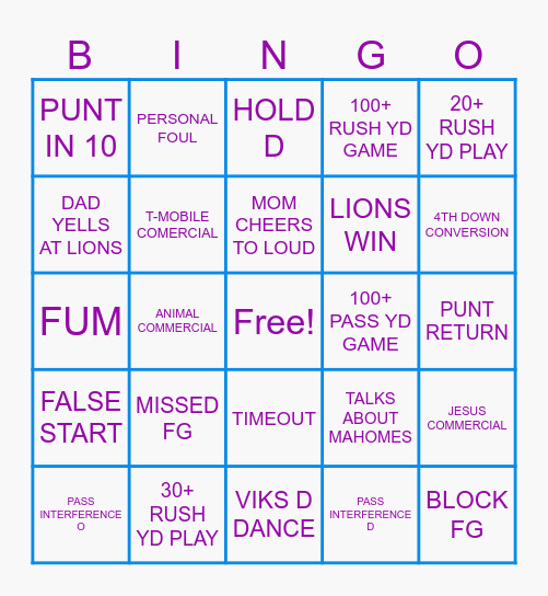 VIKS VS LIONS Bingo Card