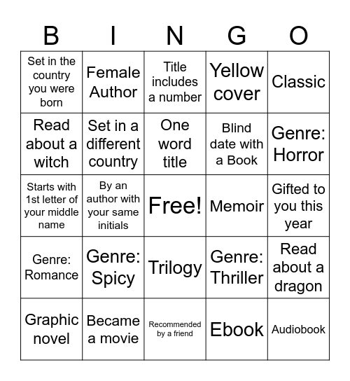 Reading Challenge Bingo Card