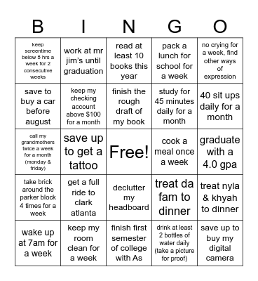 Trinity's 2025 Goals BINGO Card