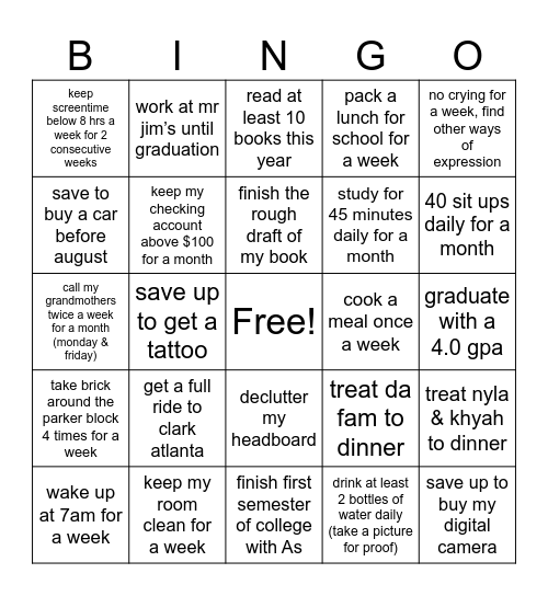 Trinity's 2025 Goals BINGO Card