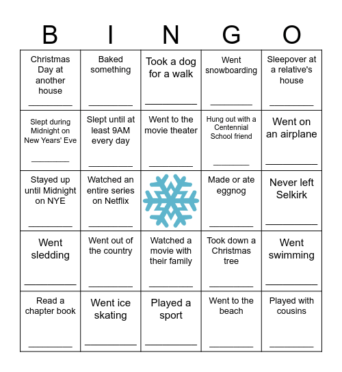 Human Bingo - Winter Break Edition Bingo Card