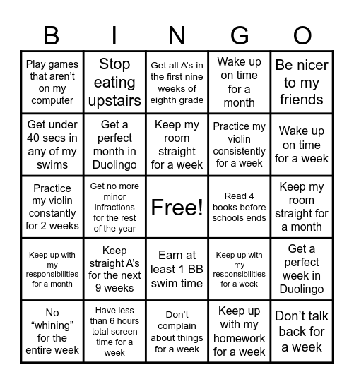 Aiden's 2025 Goals BINGO Card