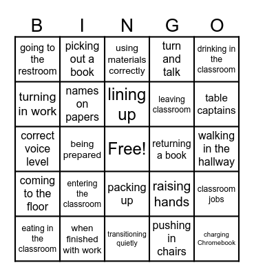Routines and Procedures BINGO Card