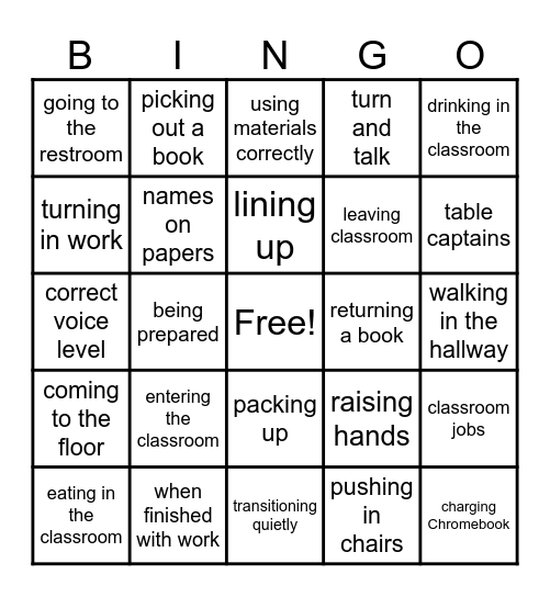 Routines and Procedures BINGO Card