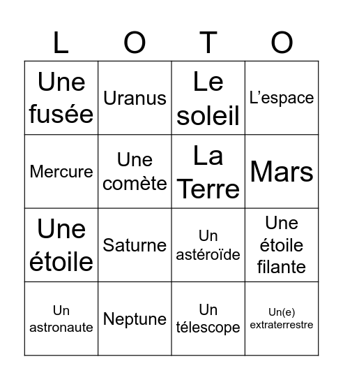 Loto d'espace Bingo Card