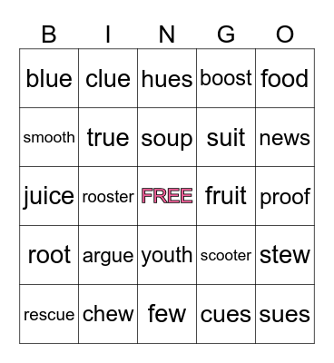 Suffix Bingo (ue, ui, ew, oo) Bingo Card
