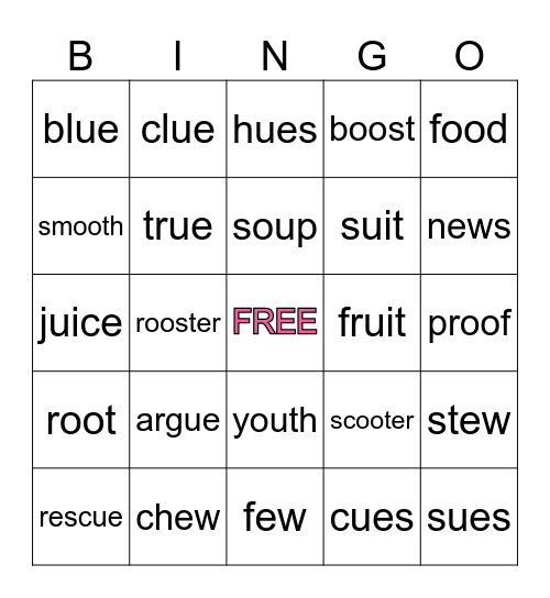Suffix Bingo (ue, ui, ew, oo) Bingo Card