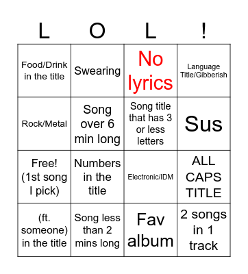 Spotify bingo Card