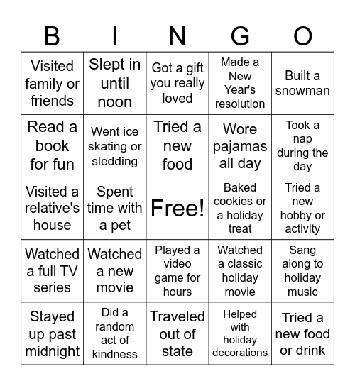 WINTER BREAK WELCOME BACK Bingo Card