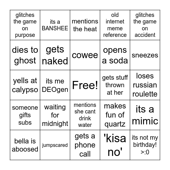 Shae's Stream Bingo Card