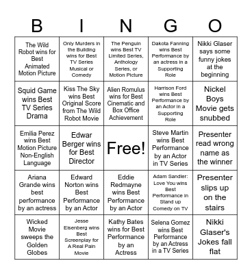 Golden Globes 2025 Bingo Card