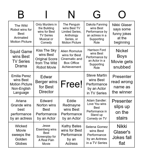 Golden Globes 2025 Bingo Card