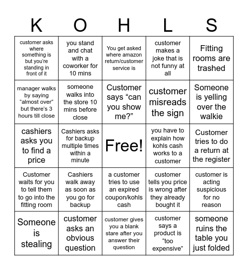 Kohls Bingo Card