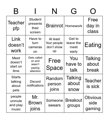 Snow Day Bingo Card