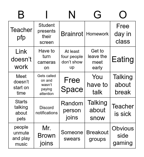 Snow Day Bingo Card