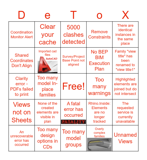 DT DeTox Bingo Card