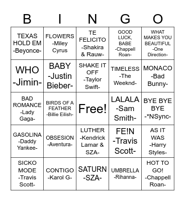 Musical Bingo Card