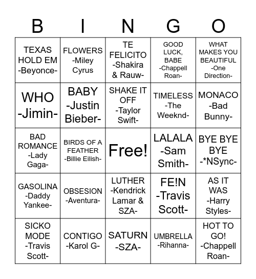 Musical Bingo Card