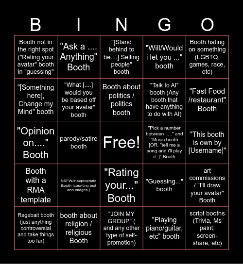 Roblox: Rate my Avatar Bingo [Booth only edition] Bingo Card