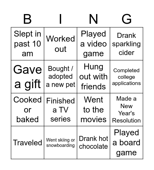 Holiday Break BINGO Card