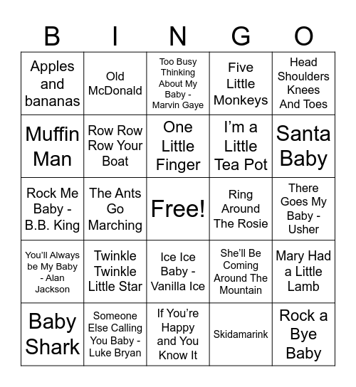 “Baby” or Nursery Rhyme Bingo Card