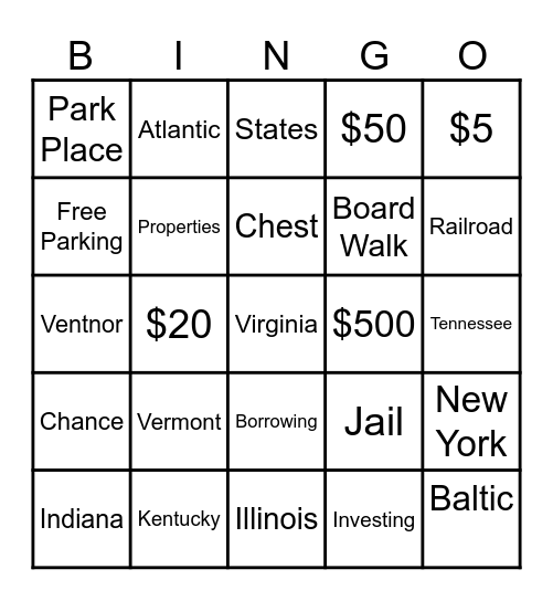 Monopoly Bingo Card