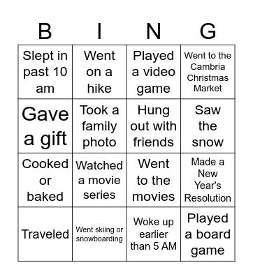 Holiday Break BINGO Card
