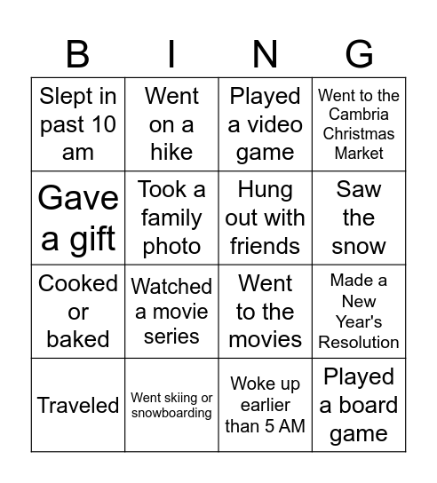 Holiday Break BINGO Card