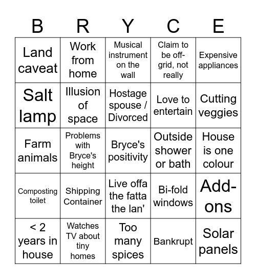 Tiny Homes Bingo Card