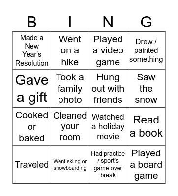 Holiday Break BINGO Card