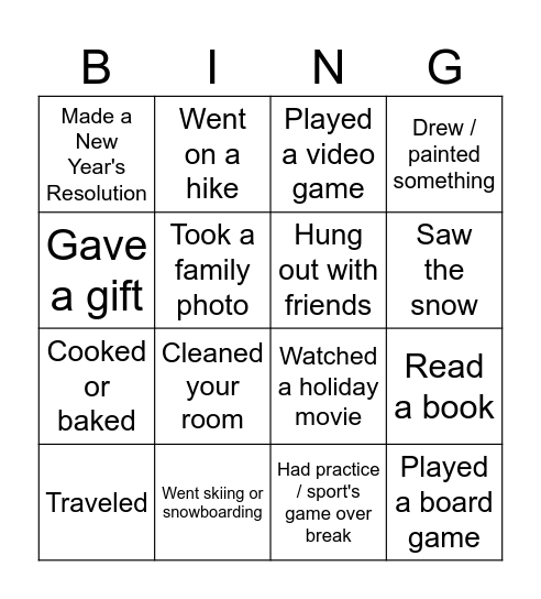 Holiday Break BINGO Card