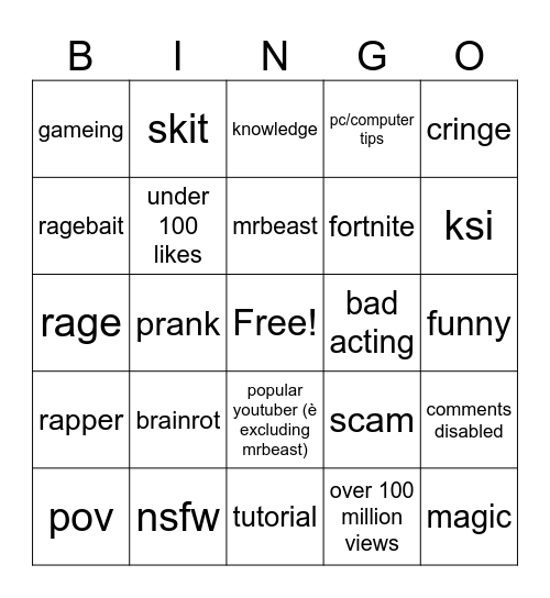 youtube shorts Bingo Card