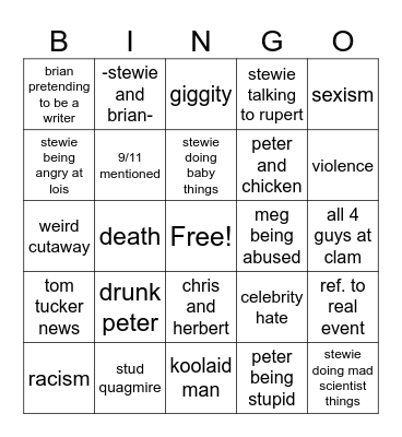 family guy bingo Card