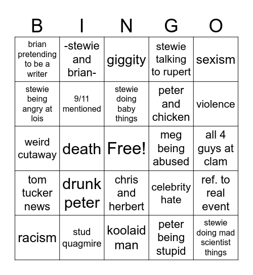 family guy bingo Card