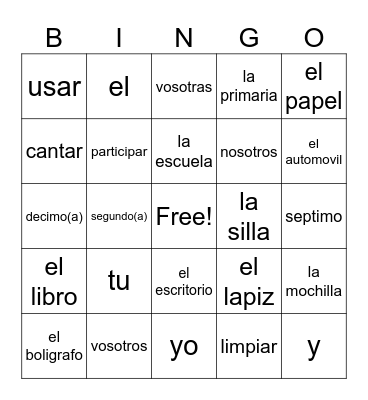 Spanish - Unit 1 Bingo Card