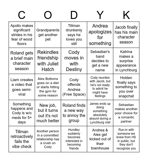 2025 Cody Bingo Card