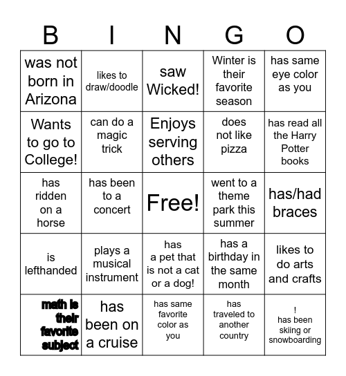 GETTING TO KNOW YOU! Bingo Card