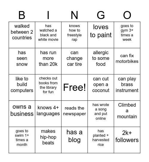 Intro Bingo Card