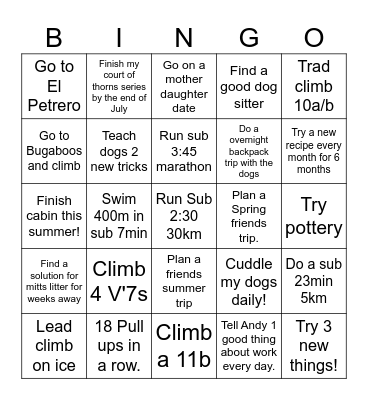 Tara's New Year Goals 2025 Bingo Card