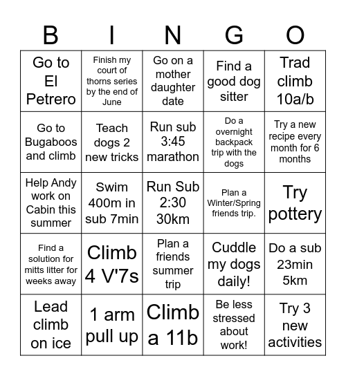 Tara's New Year Goals 2025 Bingo Card