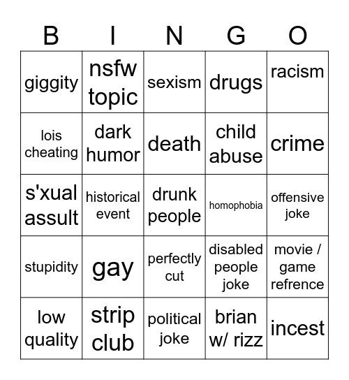 Family guy bingo Card