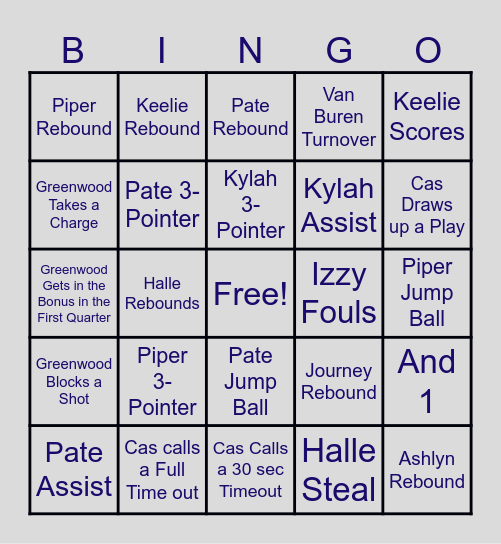 Lady Bulldog Bingo vs. Van Buren Bingo Card