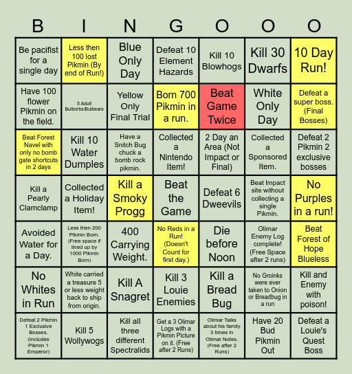 Pikmin 1'2 Rando Bingo Time Blitz Bingo Card