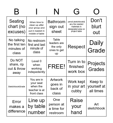 Art Room Class Rules Bingo Card