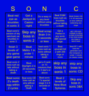 Sonic Origins Challenge Bingo Card