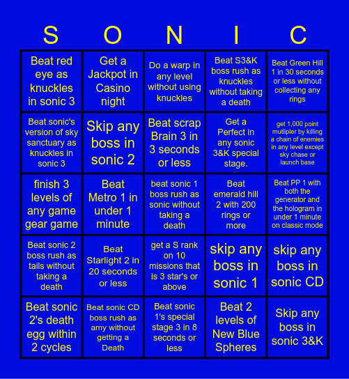 Sonic Origins Challenge Bingo Card